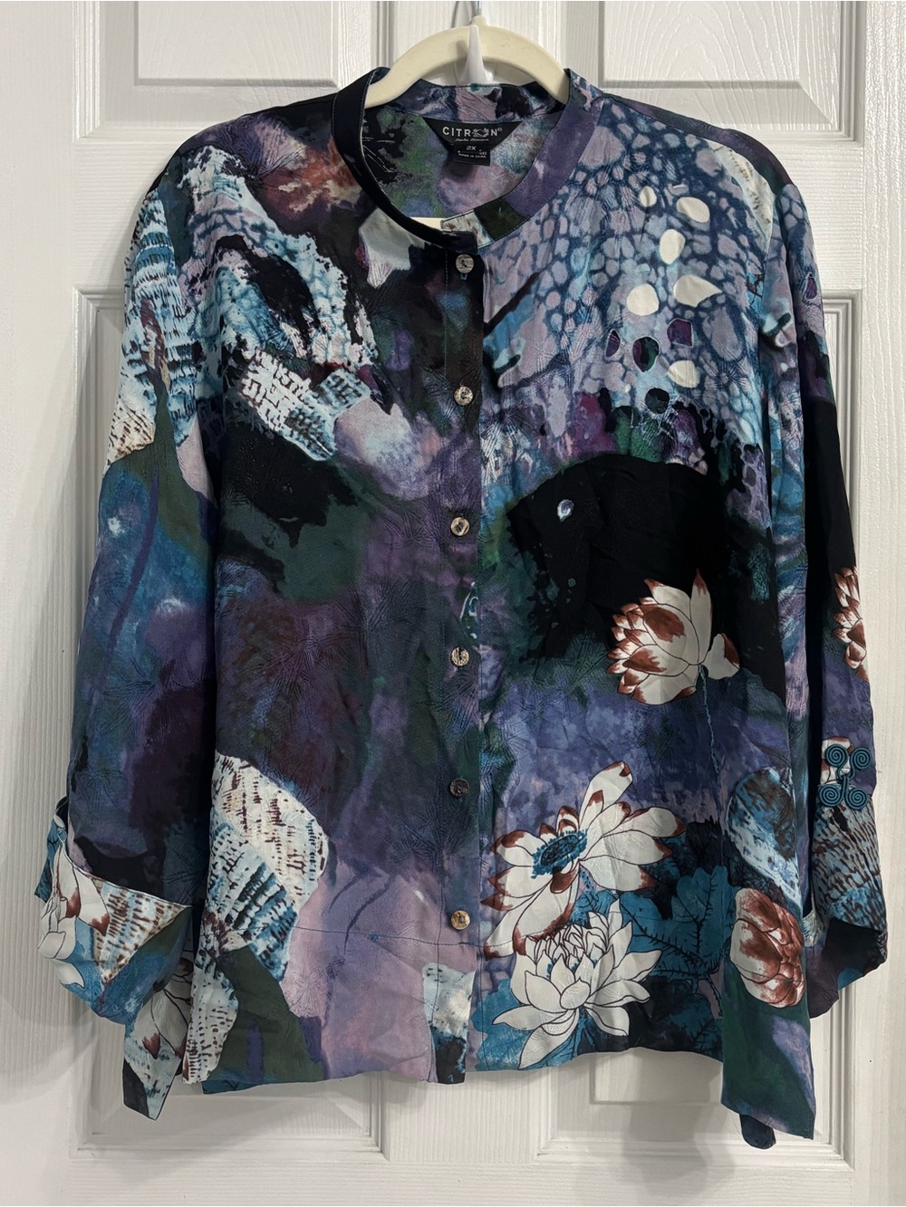 Citron Santa Monica Art to Wear Abstract Floral Button-Front Blouse Silk 2X